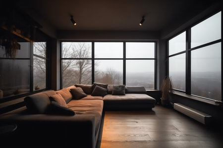 Interior of modern living room with large window overlooking the city. Nobody insideの素材