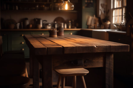 Wooden table and chairs in a rustic kitchen. Selective focus.の素材