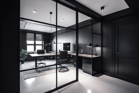 Interior of modern office with black and white walls, concrete floor, rows of computer tables and glass doors. 3d renderingの素材