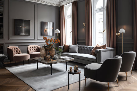 Luxury living room interior with sofa and armchairs. 3d renderの素材