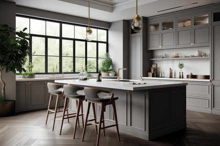 3d Illustration of white modern kitchen in a loft with a beautiful designの素材