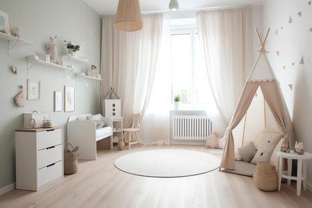 Interior of a children's room in light colors. 3d renderingの素材
