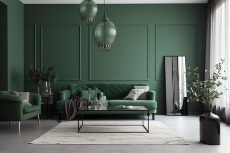 Green living room interior with a green sofa and a coffee table. 3d renderの素材