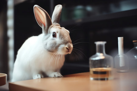 Cute rabbit with bottle of perfume on table in cafe, closeupの素材