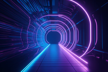 Futuristic tunnel with glowing neon lines. 3D rendering.の素材