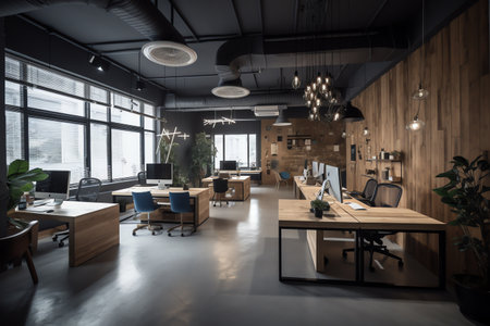 Interior of modern office with wooden walls, concrete floor and rows of computer tables with black chairs. 3d renderingの素材