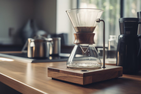 Coffee maker on wooden table in coffee shop, stock photoの素材