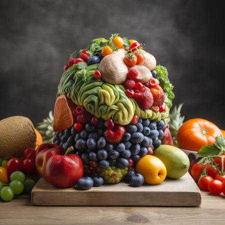 Fruit and vegetable salad in the shape of a human head.の素材