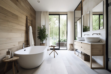 Interior of a modern bathroom with white walls, tiled floor and wooden bathtubの素材