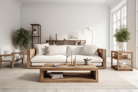 Interior of modern living room with white walls, wooden floor, white sofa and coffee table. 3d renderingの素材