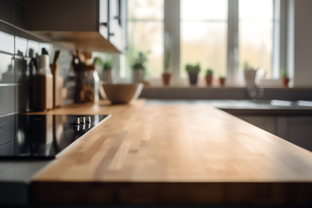 Modern kitchen interior with wooden countertop. Blurred background, selective focusの素材