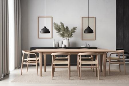Interior of modern dining room with white walls, wooden floor, long wooden table with beige chairs and round wooden cupboard. 3d renderingの素材