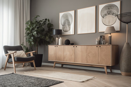 Interior of living room with wooden commode and armchair, 3d renderの素材