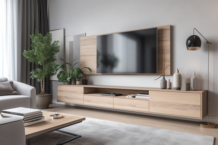 Corner of modern living room with white walls, concrete floor, brown sofa and tv. 3d renderingの素材