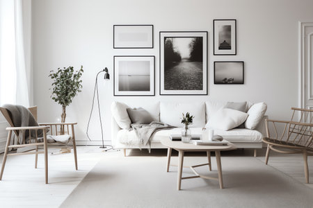 Interior of modern living room with white sofa, armchair and plantsの素材