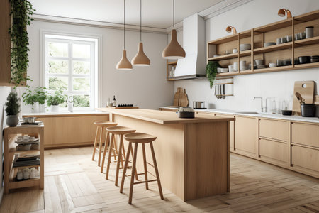 Interior of modern kitchen with white walls, wooden floor, white countertops and wooden bar with stools. 3d renderingの素材