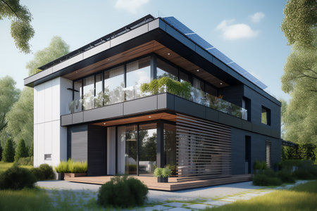 3d rendering of modern cozy house with pool and parking for sale or rent. Black and white colors.の素材