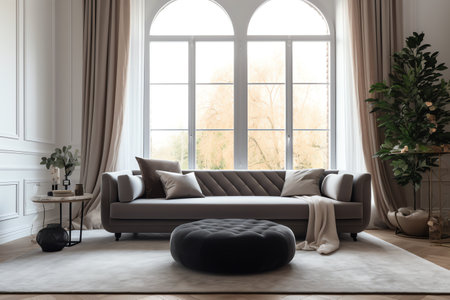 modern living room with sofa 3d render illustration mock up in interior designの素材