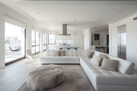 interior of new luxury house, white sofa and living room viewの素材