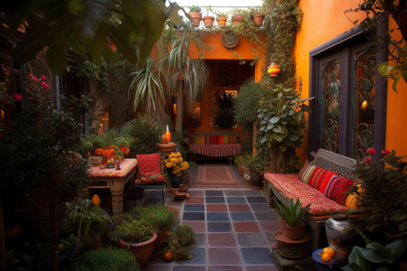 Luxury terrace in the garden with plants and flowers.の素材