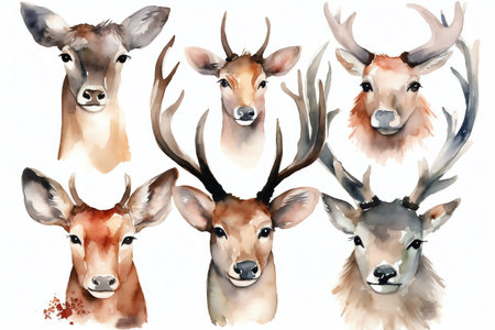 Watercolor deer set isolated on white background. Hand drawn illustration.の素材