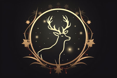 Christmas card with golden deer silhouette in circle frame. Vector illustration.の素材