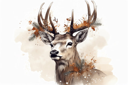 Digital watercolor painting of a portrait of a whitetail deer.の素材