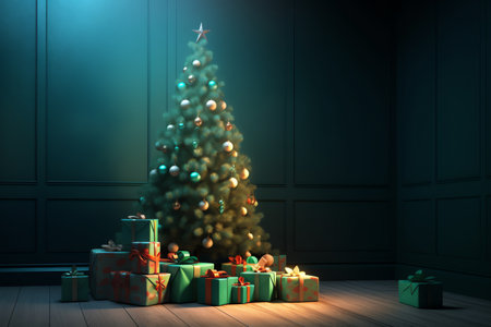 Christmas tree with presents under it in dark room. 3D renderingの素材