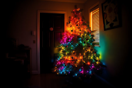Beautiful Christmas tree decorated with colorful lights in the living room at nightの素材