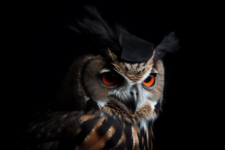 Portrait of an owl with orange eyes on a black background.の素材