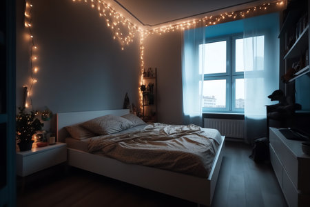 interior of modern bedroom with christmas lights garland on wallの素材