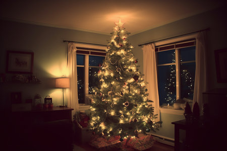 Beautiful Christmas tree in the living room at night with a large windowの素材