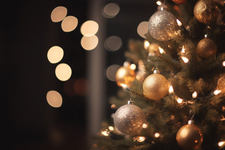 Christmas tree with golden balls and bokeh lights on background.の素材
