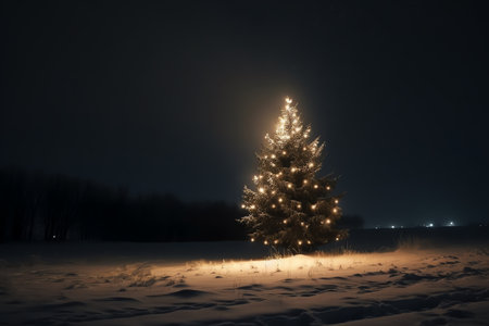 Christmas tree in the snow at night. Christmas and New Year backgroundの素材