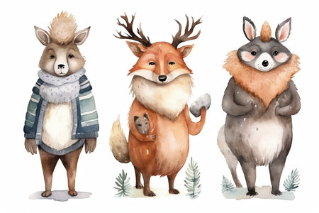 Watercolor forest animals set. Cute cartoon fox, wolf, deer, hedgehog, hedgehog.の素材