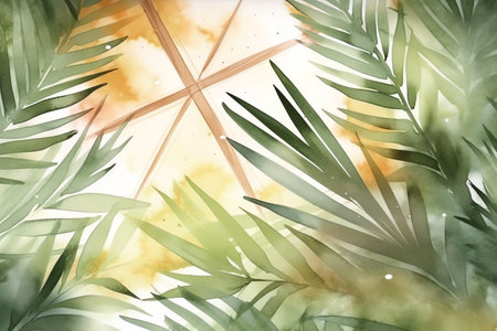 Watercolor summer background with palm leaves. Tropical background. Watercolor illustration.の素材