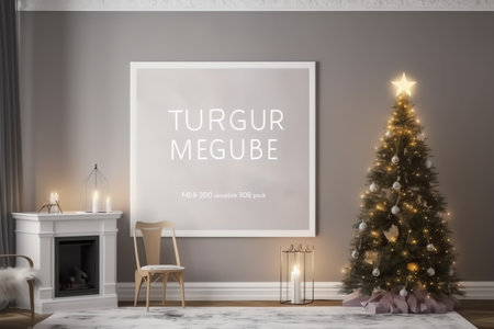 Christmas tree in the interior of the living room with a poster mockup 3D renderingの素材