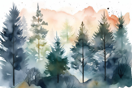 Watercolor winter forest landscape. Hand painted illustration for your design.の素材