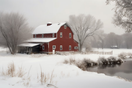 Foggy winter landscape with a red barn in the foreground.の素材
