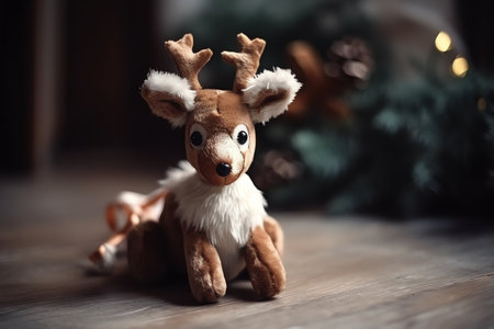Cute reindeer toy on wooden floor near christmas treeの素材