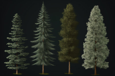 Set of coniferous trees, isolated on a dark background.の素材