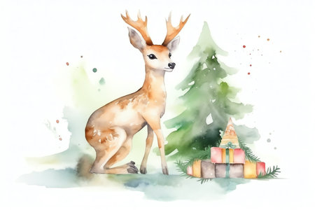 Watercolor illustration of a deer with a Christmas tree on the backgroundの素材