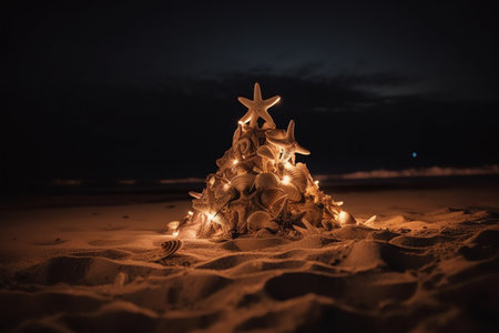 Christmas tree made of seashells and starfish on the sandy beach at night. Holiday concept. Selective focusの素材