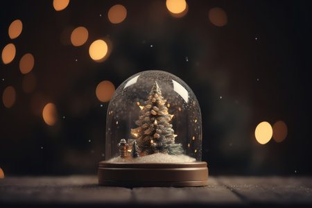 Snow globe with christmas tree on wooden table and bokeh backgroundの素材