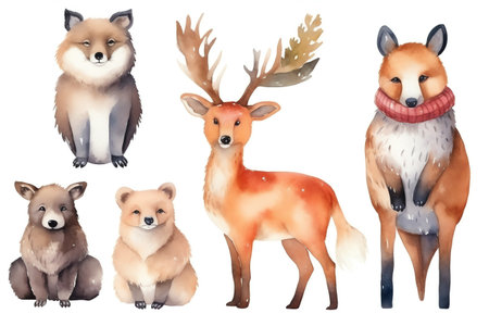 Set of cute cartoon forest animals. Fox, deer, bear, fox, hedgehog. Vector illustrationの素材