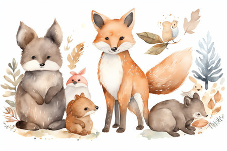 Cute foxes, squirrels, hedgehogs, birds and leaves.の素材