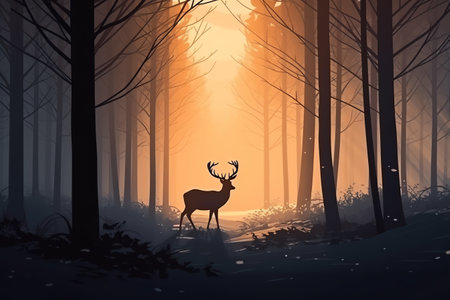 Deer in a foggy forest at sunrise. Vector illustration.の素材