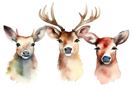 Watercolor illustration of a group of deer on a white background.の素材