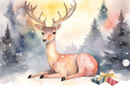 Watercolor illustration of a deer with gifts in the winter forest.の素材