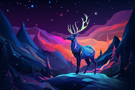 Deer in the mountains at night. Vector illustration in cartoon style.の素材